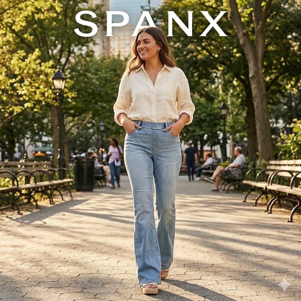 NWT Spanx Retro Light Wash Pull-On Flare Jeans Sz. L